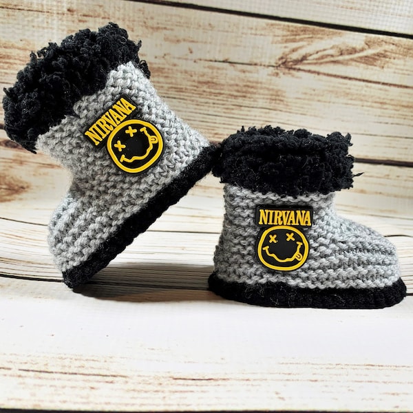 Hand Knitted Goth Baby Boots Booties slippers shoes clothes Happy Teen Spirit Grunge Rock Skull Gothic Emo Metal 0- 12 Months Gift UK Seller