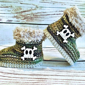 Handgebreide Goth baby laarzen schedel laarsjes pantoffels kleding schoenen camo camouflage punk emo militair gevecht jager leger cadeau halloween 0-12 m
