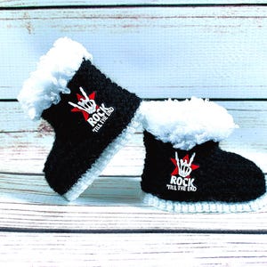 Botines de bebé tejidos a mano, Botas Rockeras, Niño Niña Metal Head, Ropa de Música Alternativa Punk con Esqueletos, Regalo Hecho a Mano Recién Nacido-12 Mes