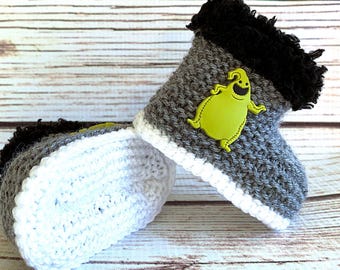 Hand Knitted Baby Goth Booties, Boy Girl Halloween Clothes, Christmas Jack Boots, Skull Shoes, Emo Slippers, Handmade Shower Gift 0-12M