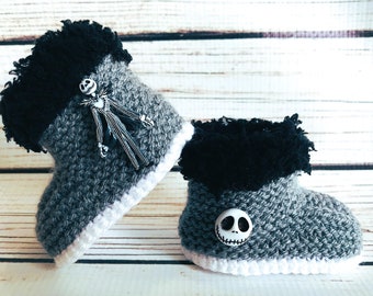 Hand Knitted Goth Baby Boots Booties Christmas Skull Skelton Emo Punk Clothes Shoes Black Grey Alternative Gothic Halloween Spooky Gift 0-12