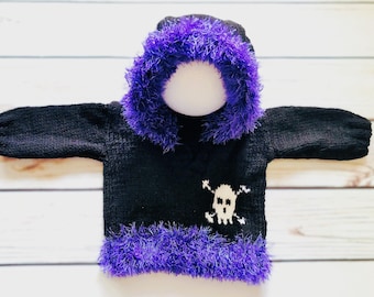 Hand Knitted Baby Sweater, Goth Boy Girl Skull Clothes, Punk Emo Gothic Halloween Jacket Alternative Black Purple Horror Spooky Gift 0-3M