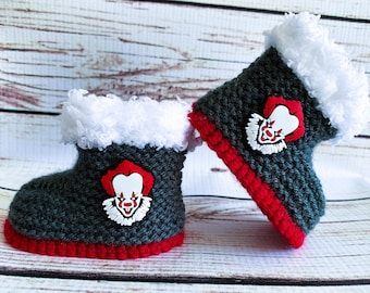 Hand Knitted Goth Baby Booties Boots Shoes Clothes Slippers Killer Clown Horror Halloween Movie Alternative skull Gothic Punk Spooky 0- 12M