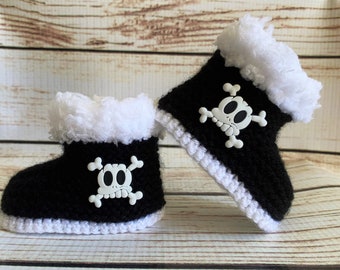 Hand Knitted Goth Baby Boots Skull Booties Slippers Clothes Shoes Gothic Punk Emo Black Halloween Black White 0- 12 Months