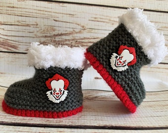 Hand Knitted Goth Baby Booties Boots Shoes Clothes Slippers Killer Clown Horror Halloween Movie Alternative skull Gothic Punk Spooky 0- 12M