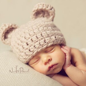 Hand Crochet Baby Bear Hat Teddy Beanie Cap Boy Girl Neutral Brown Animal Ears Winter Shower Gift Chunky Photo Prop Early Newborn-12 Months