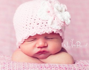 Hand Crochet Baby Girl Pink Cotton Hat Beanie Cap White Flower Newborn- 2 Years