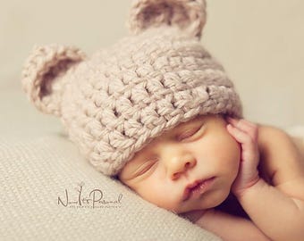 Hand gehäkelte Baby Mütze, Teddy Bär Mütze, Junge Mädchen Mütze, Waldtier Kleidung, Natur handgemachtes Dusche Geschenk, Frühchen Neugeborene-32 M