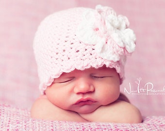 Hand Crochet Baby Girl Sun Hat Pink Beanie Cap Flower Cotton White Newborn- 12 Months U.K. SELLER