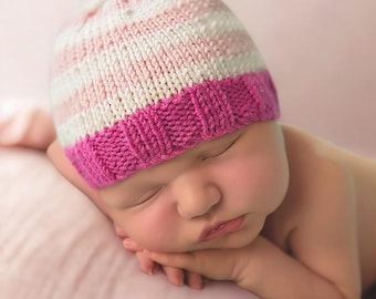 Hand Knitted Baby Girl Hat, Pink Beanie Cashmerino Silk Cap Stripes (Newborn-12 Months)