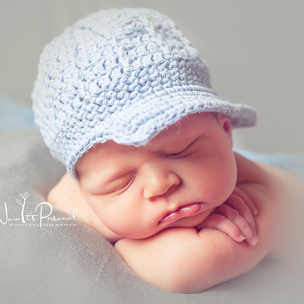 Hand Crochet Baby Hat, Boy Peaked baseball Cap, Cotton Beanie, Blue Clothes, Handmade Shower Gift  Announcement Preemie Newborn-12M