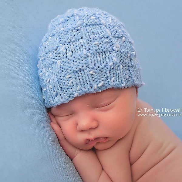 Hand Knitted Baby Hat Boy Blues Photography/Photo Prop Newborn - 12 Months Basket Weave UK Seller