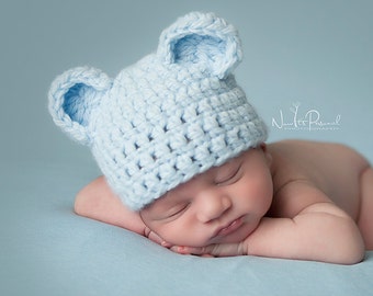 Handgehäkelte Babymütze, Teddybär-Motiv für Jungen, Waldtier-Mütze, blaue Kleidung, handgefertigtes Geschenk zur Babyparty (Neugeborene bis 12 Monate)