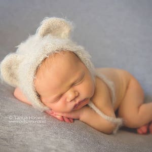 Babybeer hoed motorkap teddy gebreide oren dier PREMIUM SOFT geborsteld beige garen stropdassen fotografie foto prop jongen meisje uniseks cadeau pasgeboren-6 M