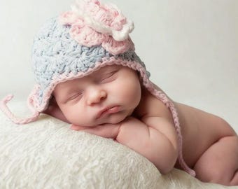 Hand Crochet Baby Girl Flower Hat, Cotton Bonnet, Blue & Pink Cap, Summer Newborn- 2Yrs
