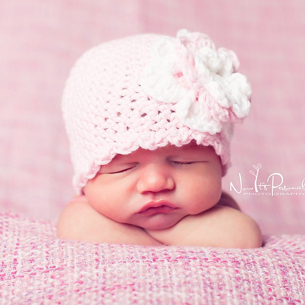 Hand Crochet Baby Girl Sun Hat Pink Beanie Cap Flower Cotton White Newborn- 12 Months U.K. SELLER