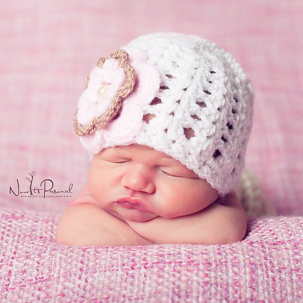 Baby Girl Hat Flower & Pearl Beanie Hand crochet Newborn- 2 Years Girls UK Seller