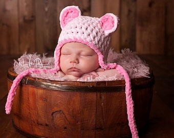 Baby Bear Hat Girl pink Teddy Cap Chunky Ties Animal Ears ULTRA SOFT CHENILLE Gift Crochet Photography/Photo Prop Newborn-12 Months Sitters