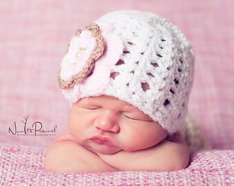 Baby Girl Hat Flower & Pearl Beanie Hand crochet Newborn- 2 Years Girls UK Seller