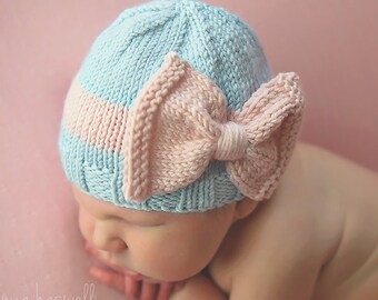 Hand Knitted Baby Girl Bow Hat Beanie Blue Pink Cap  Early Baby - 12 Months Girls UK Seller Cashmerino Silk Yarn