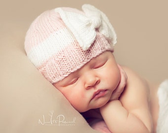 Cappello per neonata con fiocco lavorato a maglia, rosa, bianco, berretto, regalo, abbigliamento PREMIUM, cashmere e seta, prematuro, neonato - 12 mesi, Regno Unito