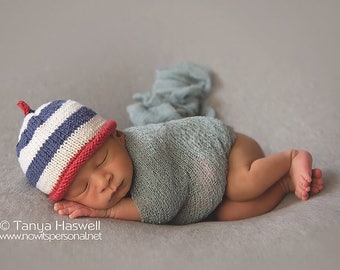 Hand Knitted Baby Hat Pixie Beanie Cap Boy Stripes Photography/Photo Prop PREMIUM Cashmerino Silk Blue Red White Gift Newborn - 12 Months