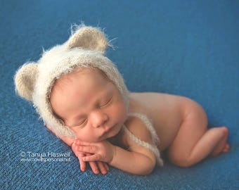 Baby Bear Hat Hat Knitted Brushed bonnet Boy Girl Gender Neutral Animal Ears Ties Chunky Photograph Photo Prop Newborn-6 Months UK Seller