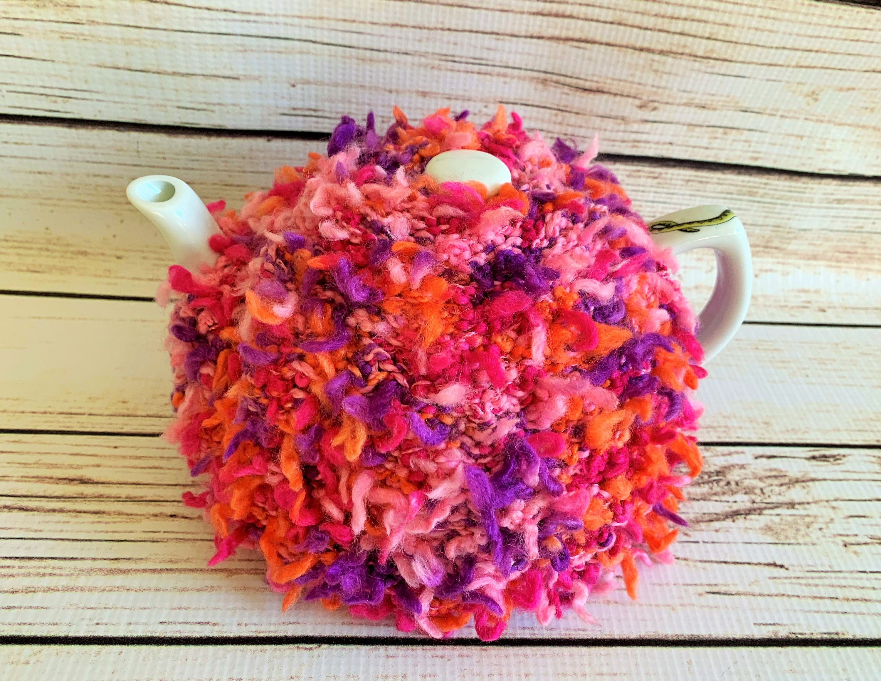 Knitted Tea Cosy Medium Pot Handmade Punk Lava Fluffy Red