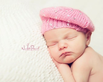 Baby Girl knitted Hat Beret Beanie Sequin Sparkle Pink Cap Slouch French Gift turban  Photography Photo Prop Newborn - 12 Months Clothes
