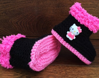 Hand Knitted Goth Baby Booties Boots Clothes Slippers Shoes Hello Cat Girl Black Gothic Halloween Emo Punk Alternative Kitten Spooky 0-12M