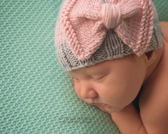 Cappello lavorato a maglia per bambina, berretto con fiocco, berretto rosa e grigio, in cashmere e seta, in filato, regalo per neonati prematuri - 12 mesi