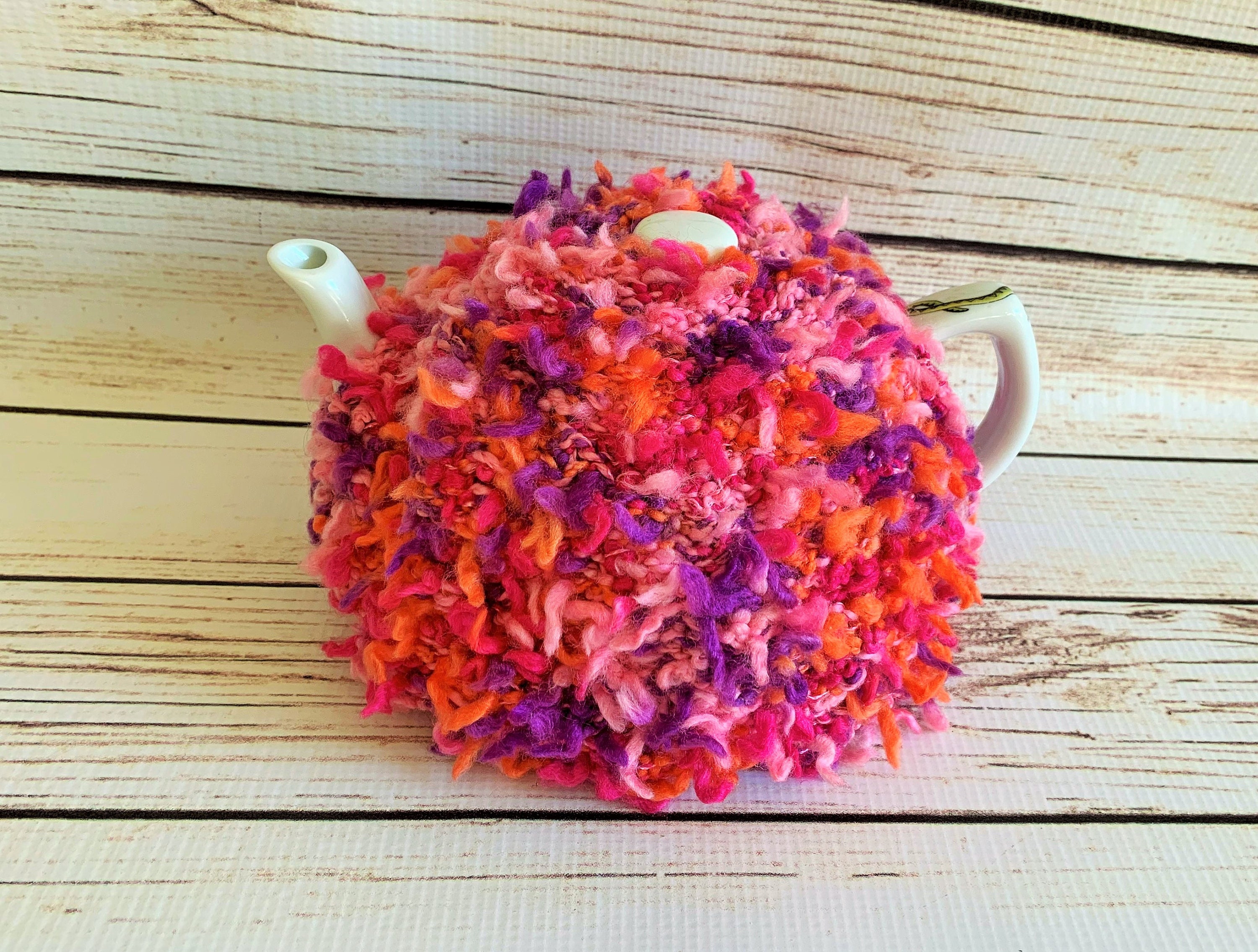 Knitted Tea Cosy Medium Pot Handmade Punk Lava Fluffy Red