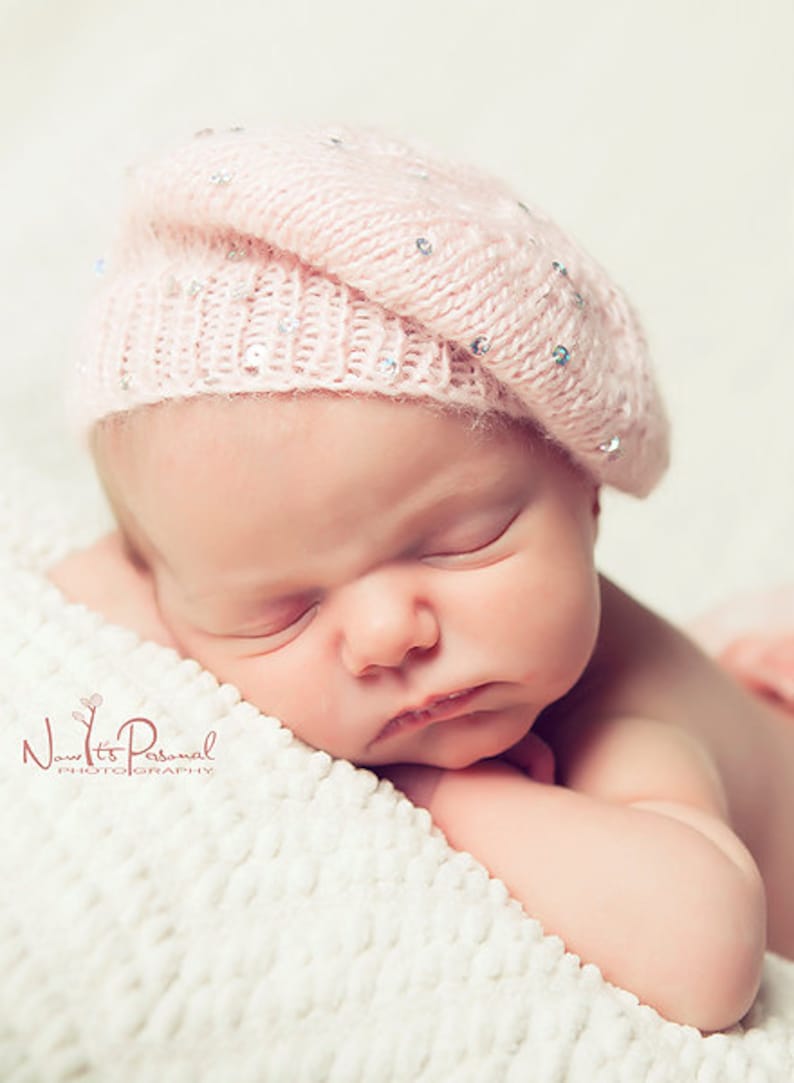 Bonnet tricoté bébé fille béret bonnet paillettes scintillant rose bonnet cadeau Français turban photographie accessoire photo nouveau-né-12 mois vêtements image 3