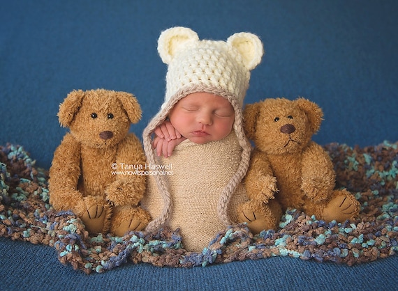Hand Crochet Baby Hat, Teddy Bear Beanie, Boy Girl Ivory Cap, Winter Animal Nature Clothes, Unique Handmade Shower Gift Preemie Newborn-12M