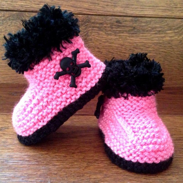 Hand Knitted Goth Baby Boots Skull Booties Clothes Shoes Girl Slippers Halloween Pink Black Gothic Emo Punk Alternative Gift 0- 12 Months