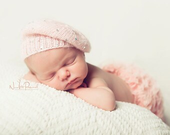 Hand Knitted Baby Girl Hat Beret Pink Slouch Cap PREMIUM sequin Sparkle clothes Photography/Photo Prop Newborn - 12 Months