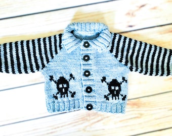 Hand Knitted Baby Cardigan Halloween Skull Boy Girl Jacket Goth Sweater Alternative Emo Punk Clothes Gothic Handmade Shower Gift Newborn-12M