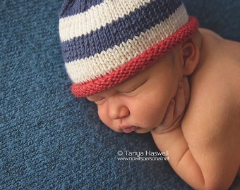 Hand Knitted Baby Boy Hat Beanie Blue Stripes Pixie Detail Cap Gift Cashmerino Silk Photograph / Photo Prop 0-12 Months