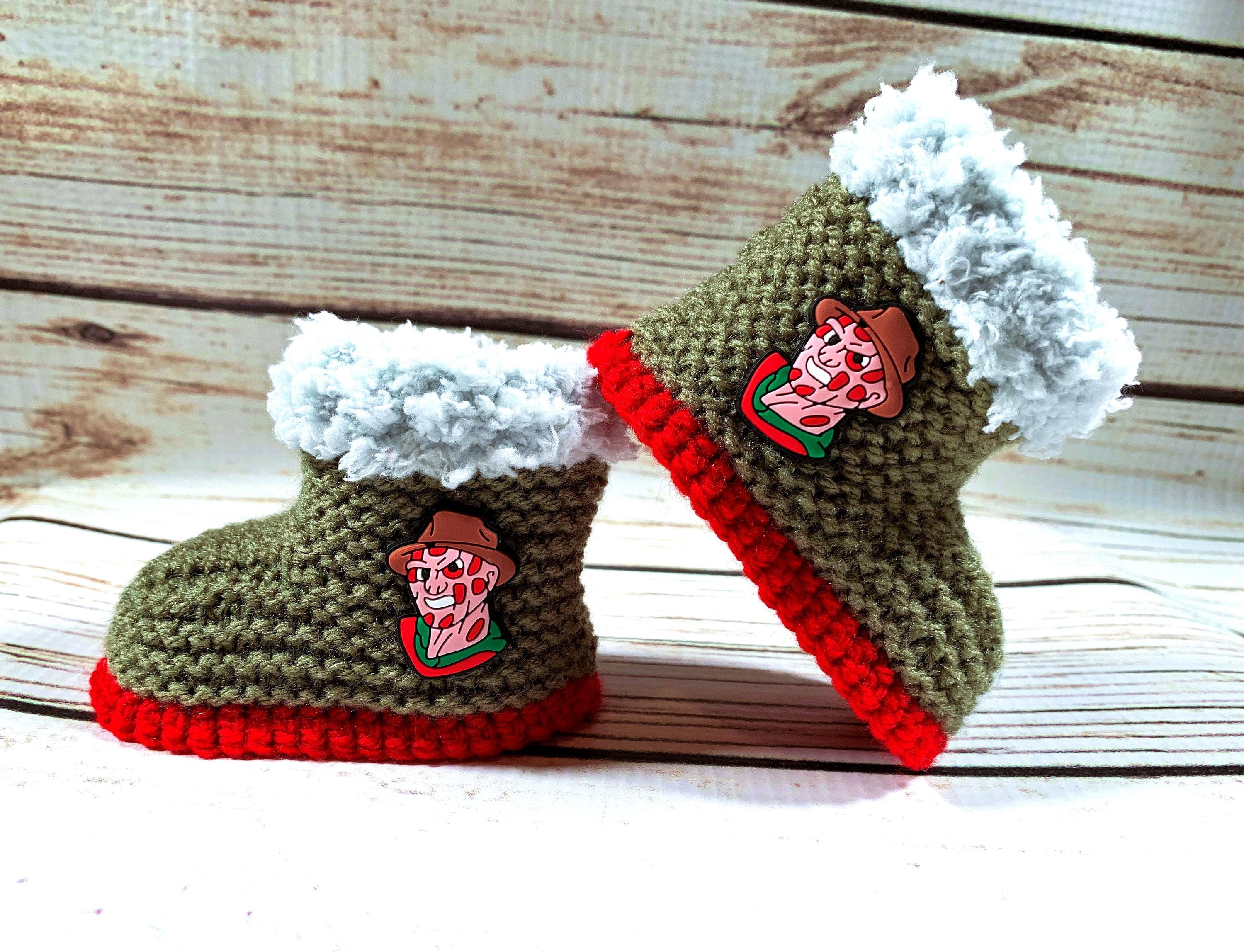 Hand Knitted Goth Baby Boots Booties Clothes Horror Movie Slasher 13th Halloween Slippers Gothic Shoes Emo Punk Alternative Spooky Gift 0-12