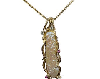 freshwater pearl pendant in 14k yellow gold with tourmalines and diamonds.