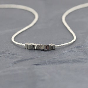 Pyrite, Czech Seed Bead & Sterling Silver Necklace, Delicate Heishi Square Gemstone Choker, Dainty Tiny Beaded Layering Jewelry for Women