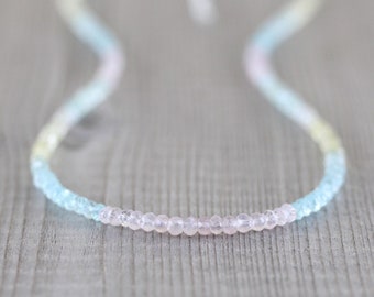 Aquamarine & Morganite Delicate Beaded Necklace in Sterling Silver, Gold or Rose Gold Filled, Dainty Multi Color Gemstone Choker for Women