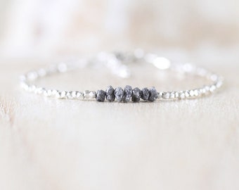 Rough Diamond, Sterling & Fine Silver Bracelet, Delicate Raw Gemstone Tiny Beaded Stacking Bracelet, Dainty Karen Hill Tribe Jewelry