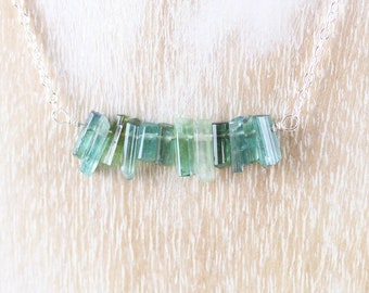 Raw Green Tourmaline Bar Necklace in 925 Sterling Silver, 14Kt Gold or Rose Gold Filled, Gemstone Crystal Choker, Dainty & Delicate Jewelry