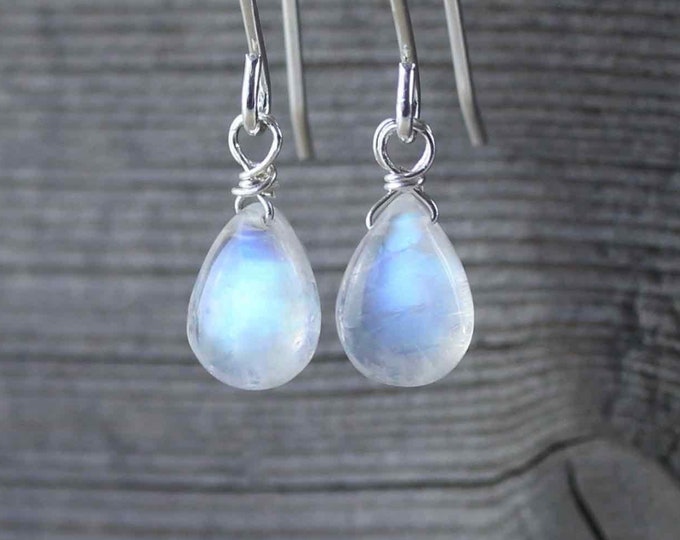 Featured listing image: Rainbow Moonstone & Sterling Silver Earrings, AAA Gemstone Smooth Pear Drop with Blue Iridescence, June Birthstone Crystal Jewelry for Women