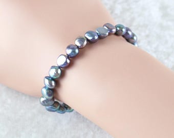 Peacock Black Baroque Pearl Bracelet in Sterling Silver, Gold or Rose Gold Filled, Dainty 6 to 7mm Freshwater Nugget Pearls