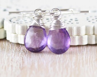 Amethyst & Sterling Silver Drop Earrings, Wire Wrapped Semi Precious Gemstone Small Dangle Earrings, Purple Crystal Jewelry for Women