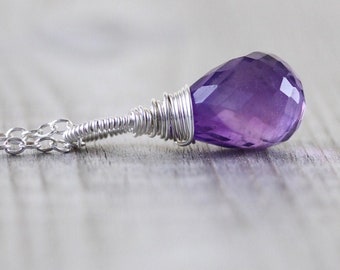 Amethyst Wire Wrapped Teardrop Pendant in Sterling Silver, Gold or Rose Gold Filled, AAA Deep Purple Gemstone Necklace Charm for Women