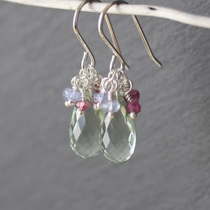 Prasiolite & Sterling Silver Cluster Earrings, Green Amethyst, Tanzanite and Pink Tourmaline, Multi Color Gemstone Jewelry for Women
