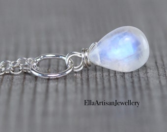 Rainbow Moonstone Pendant, AAA Blue Flash Gemstone Necklace Charm in Sterling Silver, Gold or Rose Gold Filled, Wire Wrapped Jewelry